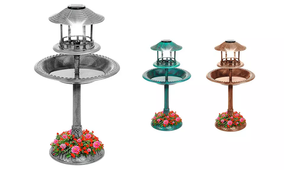 Solar Outdoor Bird Bath Vintage Resin Pedestal Fountain w/Planter Base & Feeder - Primary Image