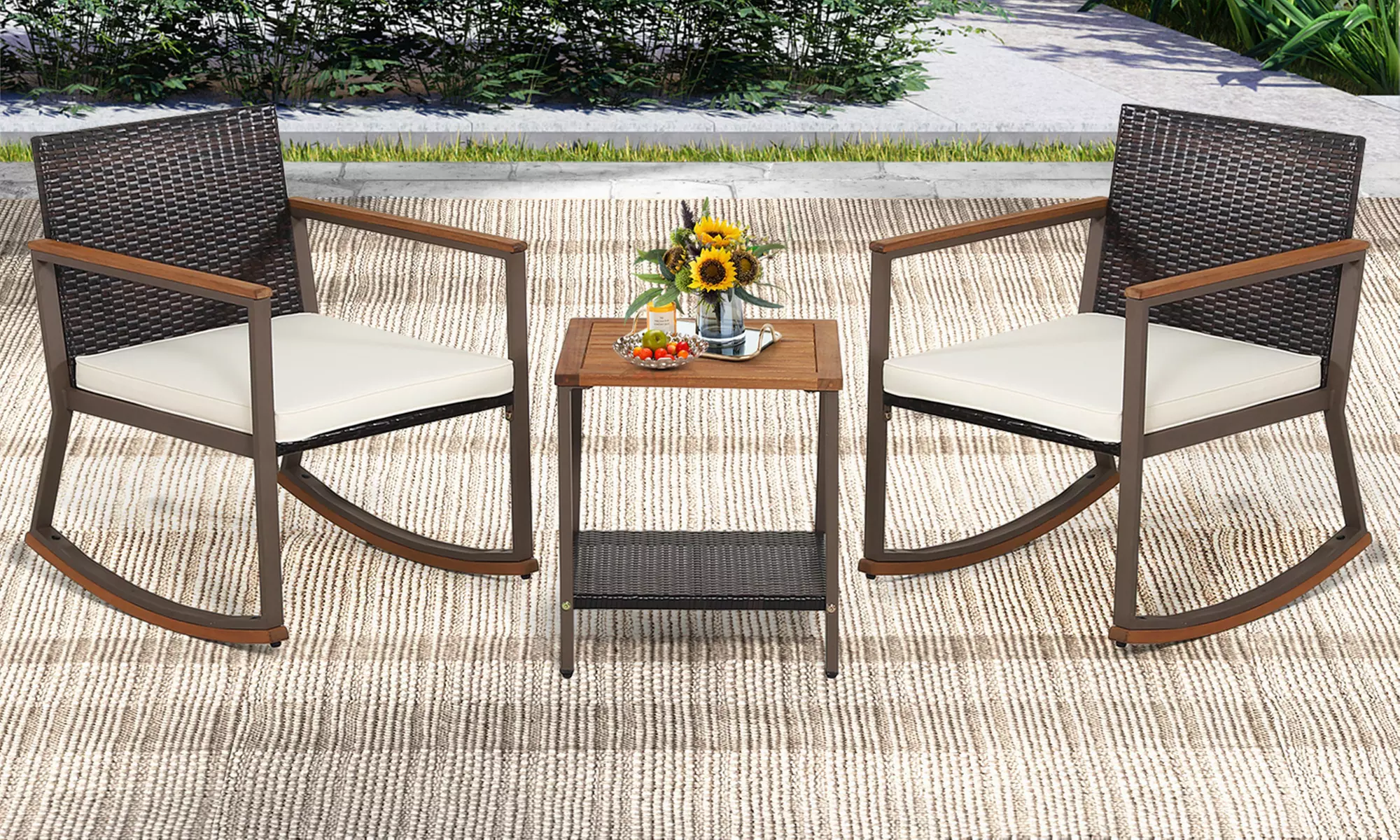 Costway 3 PCS Patio Rattan Rocking Chair Bistro Set Armrest Cushion Table