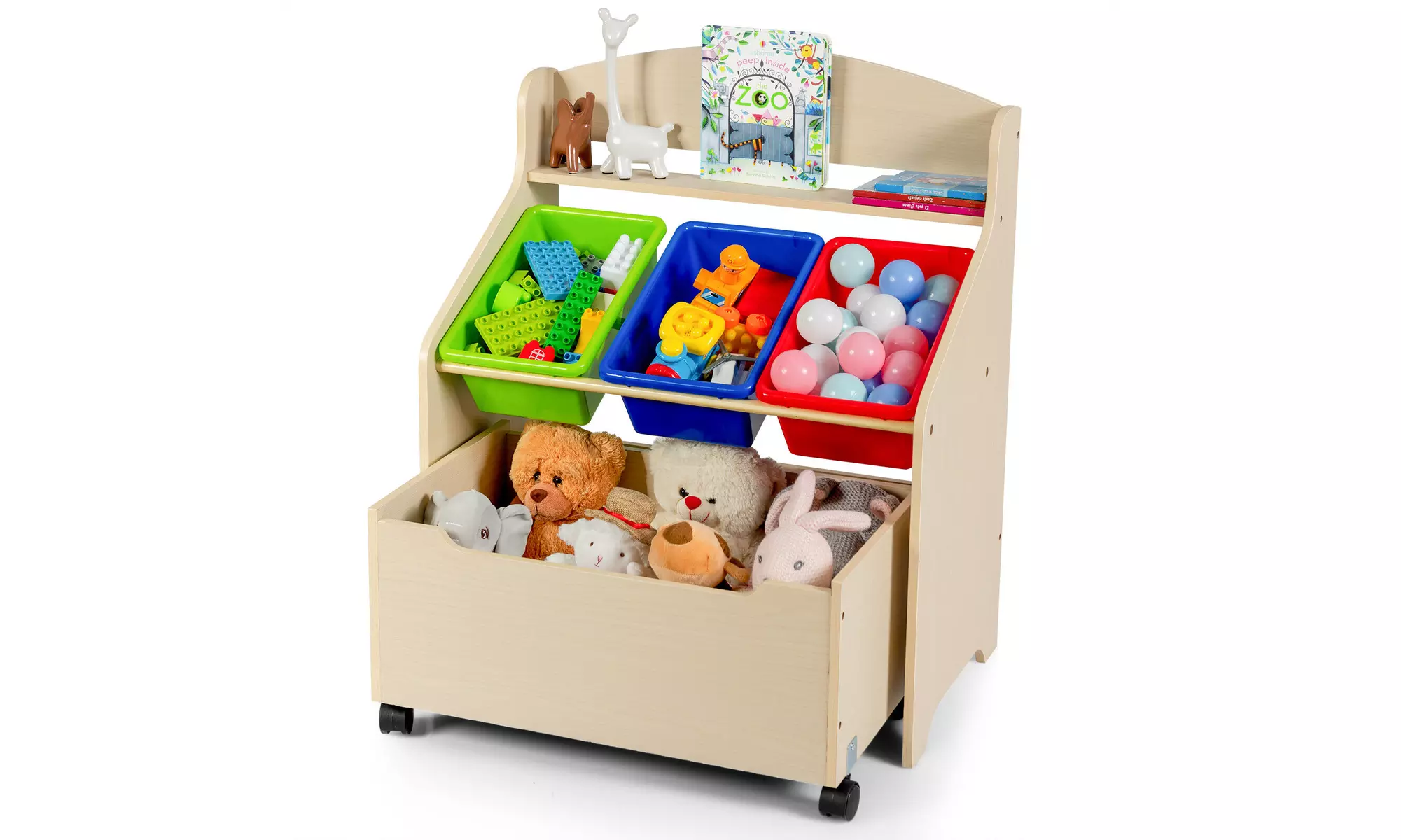 Costway Kids Wooden Toy Storage Unit Organizer w/Rolling Toy Box & Plastic Bins