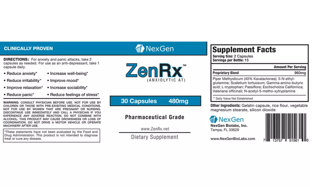 ZenRx Anti-Anxiety and Mood Support Supplement (30 Capsules) - Second Medium