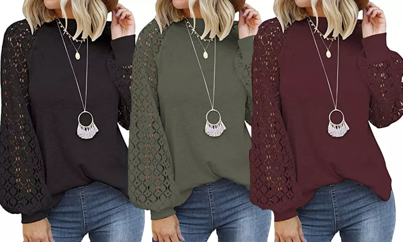 Women's Long Sleeve Tops Lace Casual Loose Blouses T Shirts - Primary Image