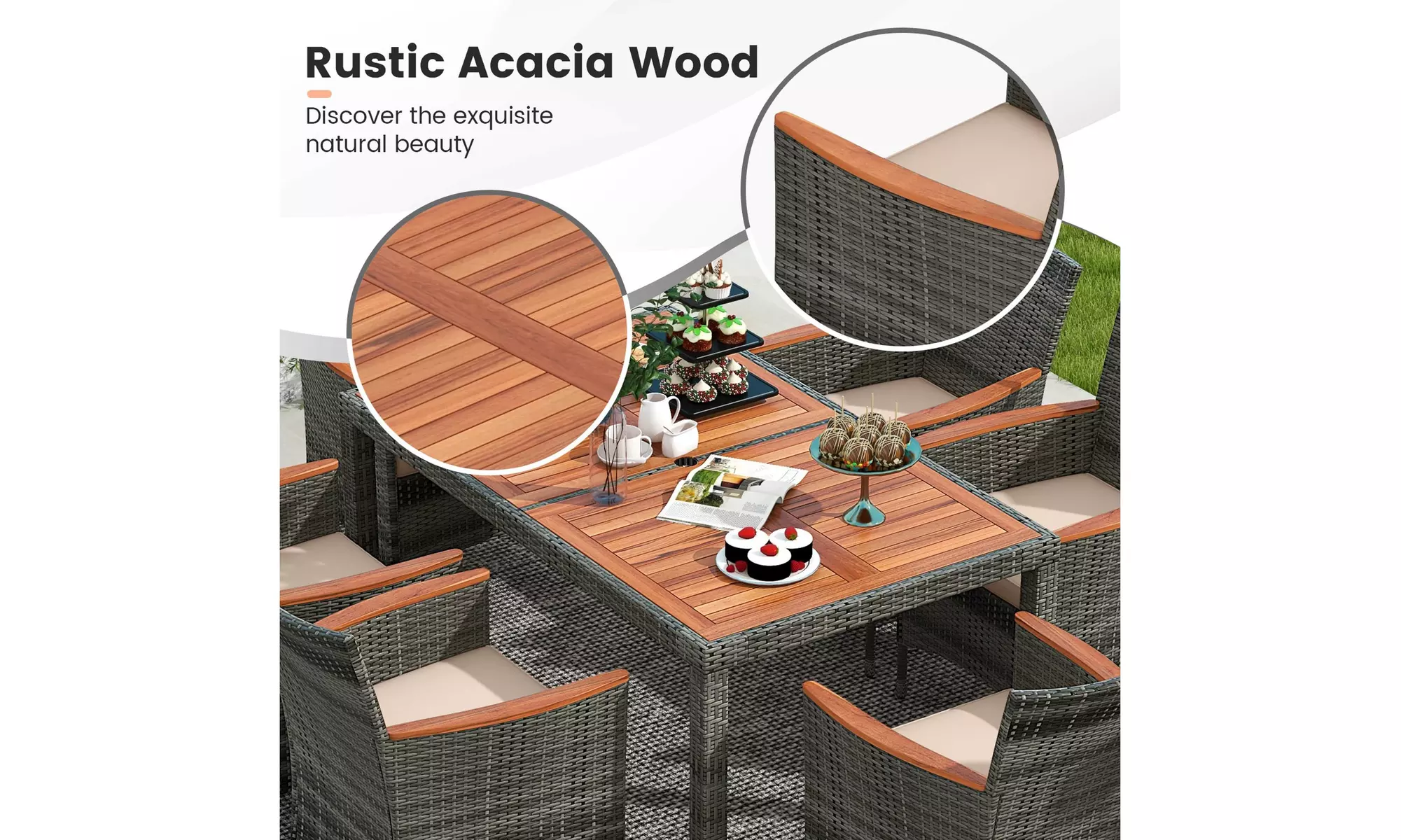 Costway 7 Pieces Outdoor Wicker Dining Set with Acacia Wood Table and 6 Chairs