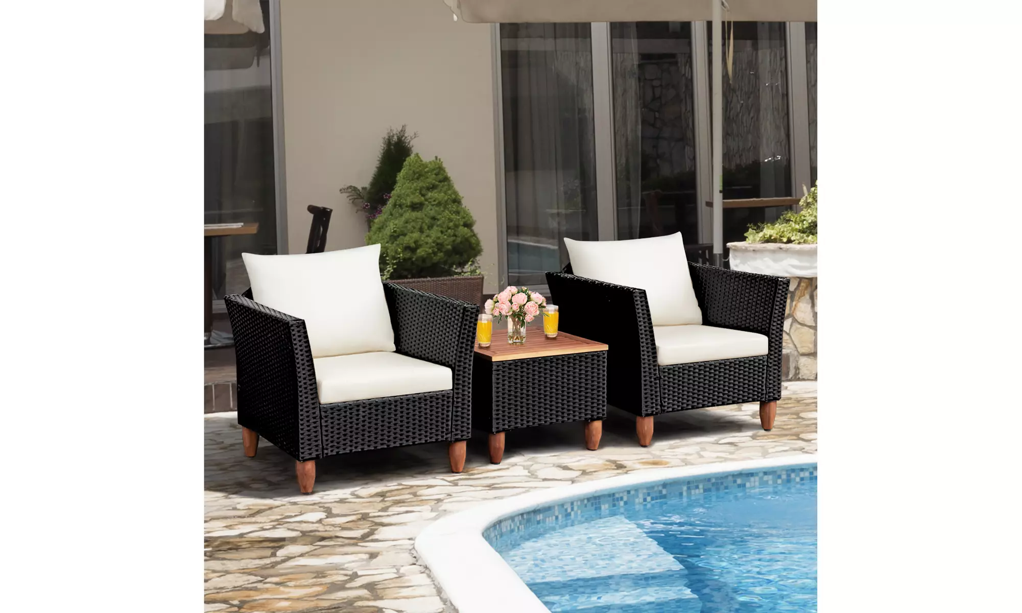 Costway 3 PCS Outdoor Patio Bistro Furniture Set Wooden Table Top Cushioned Sofa - Primary Image