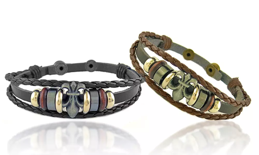 Mens Genuine Leather Fleur De Lis Bracelet