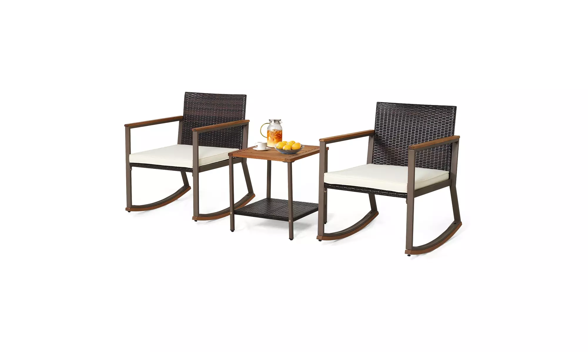 Costway 3 PCS Patio Rattan Rocking Chair Bistro Set Armrest Cushion Table