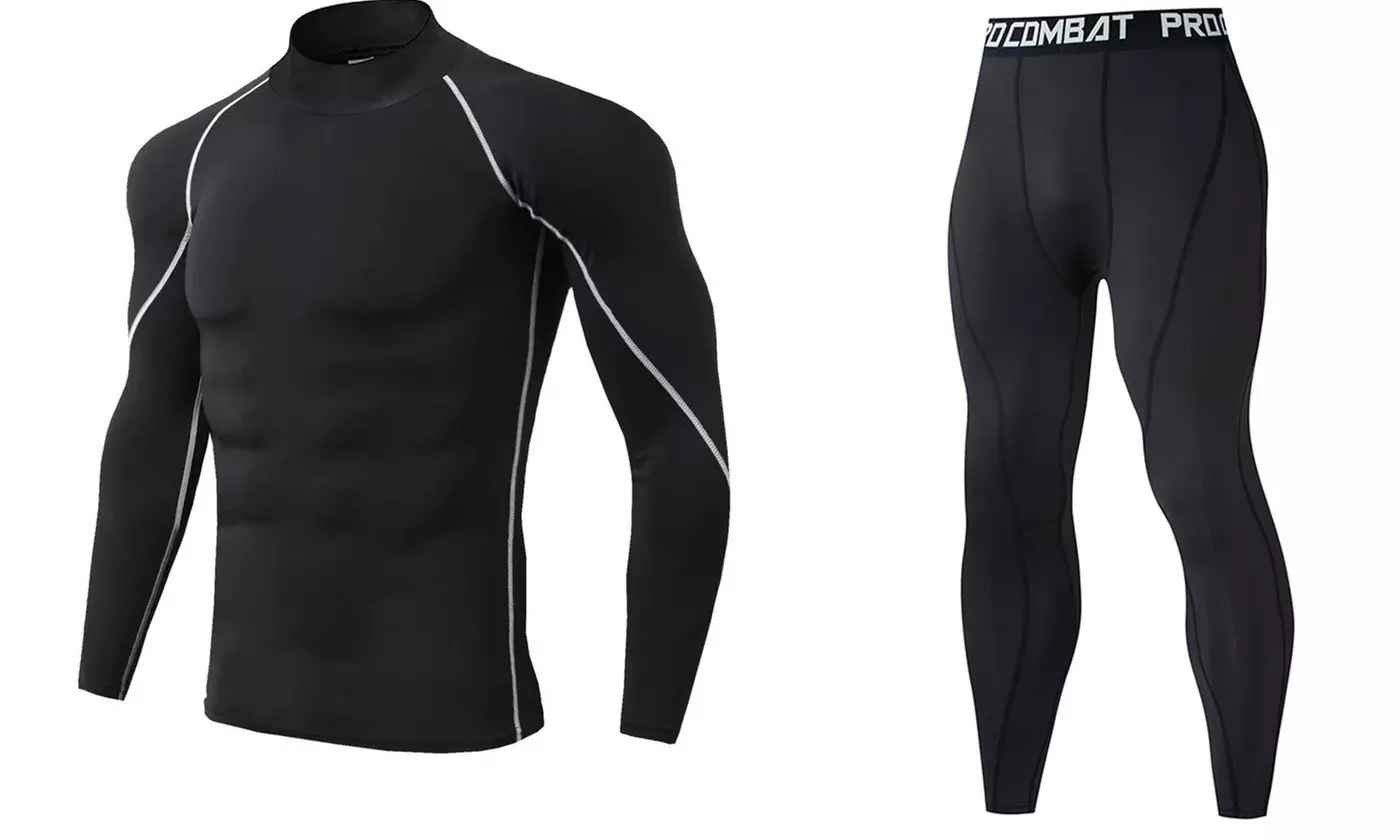 Mens Workout Compression Set Pants & Long Sleeve Shirts Base Layer Active Set