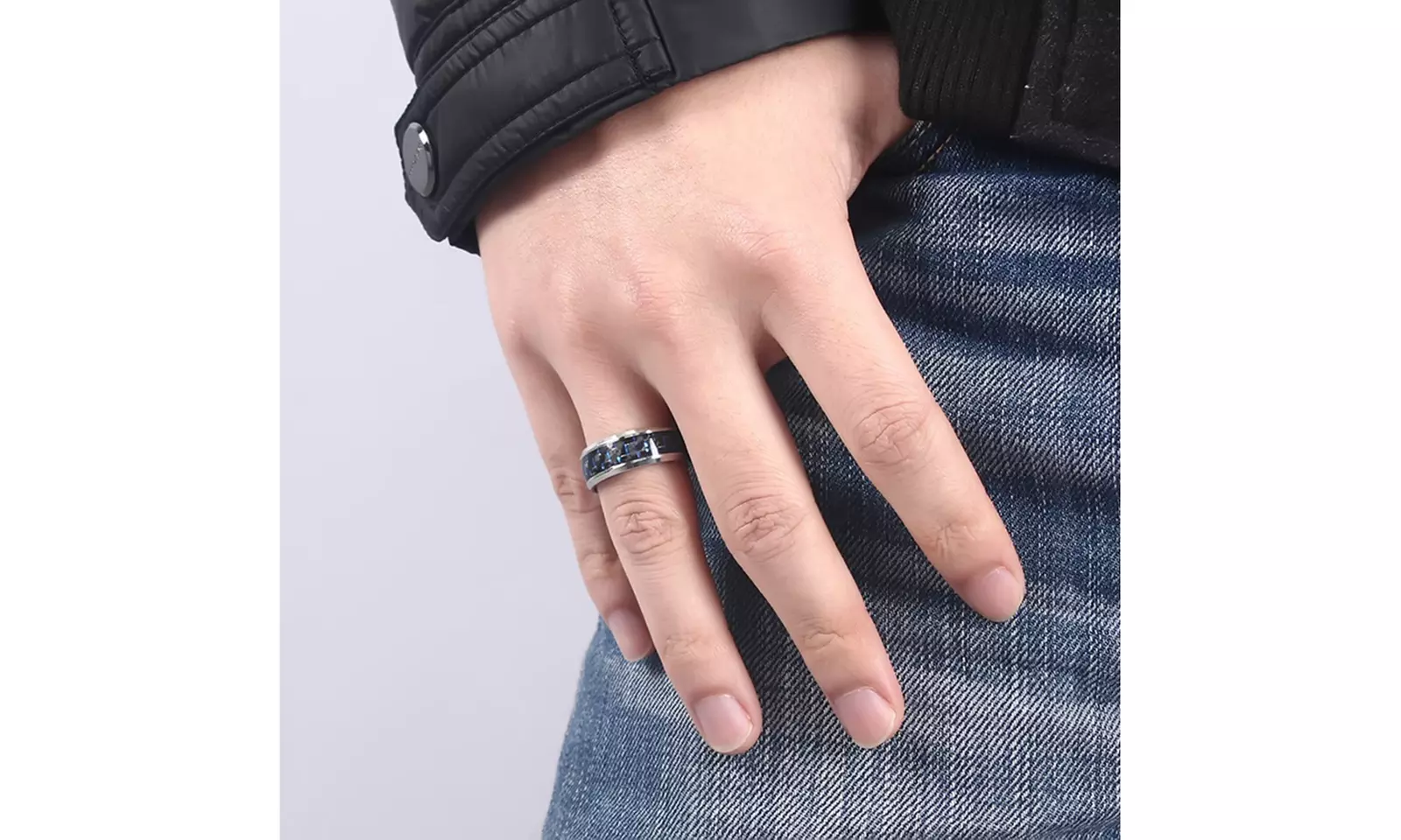 Men Rings Blue & Red Color Carbon Fiber Stainless Steel Wedding Rings - Second Medium