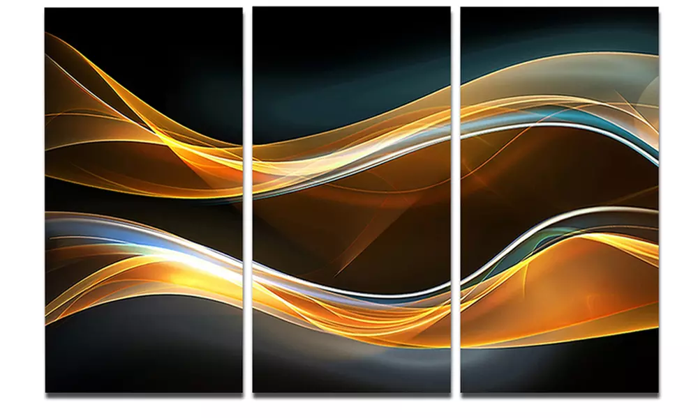 3D Gold Waves in Black Abstract Metal Wall Art 36x28 3 Panels - Primary Image