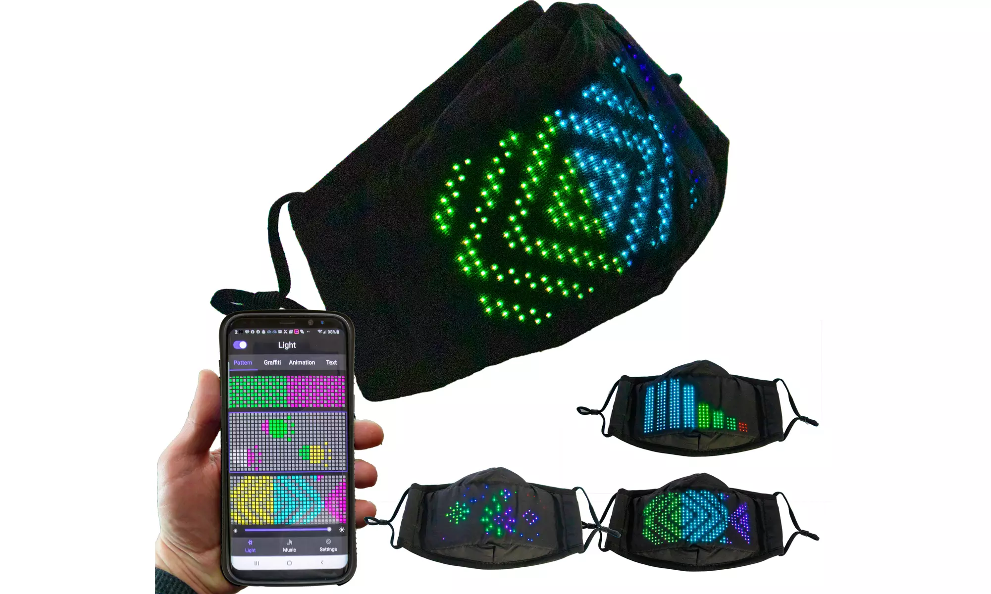 LED Face Mask 7 Color Light Matrix Programable Display APP Controlled Bluetooth - Primary Image