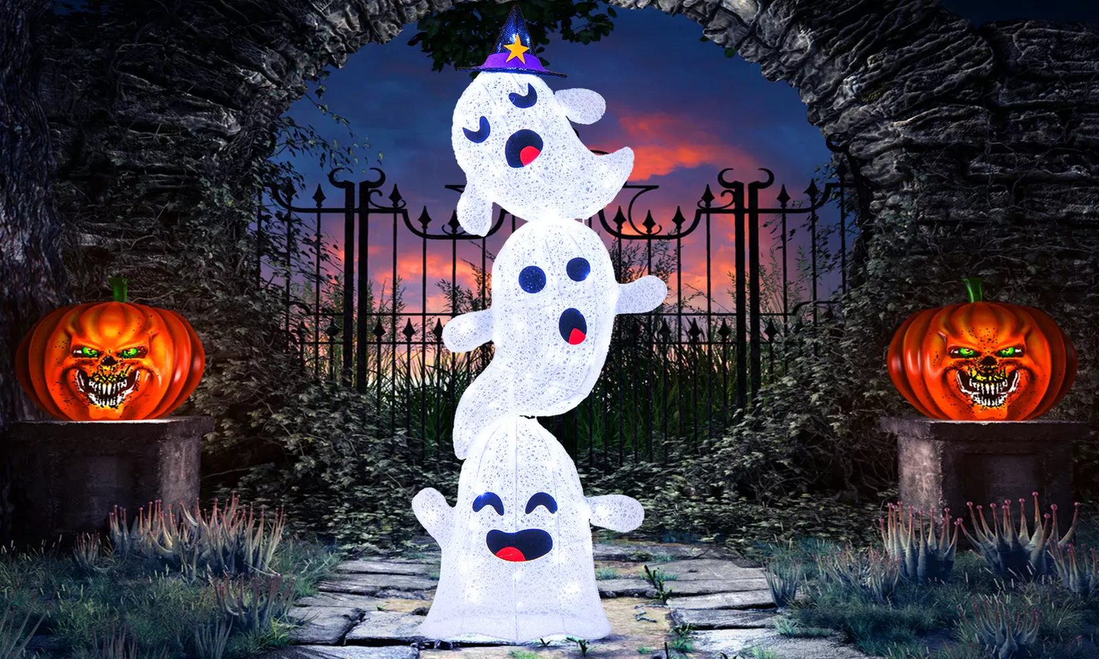 Costway 4 FT Lighted Stacked Ghosts Standing Halloween Decoration w/ LED Lights
