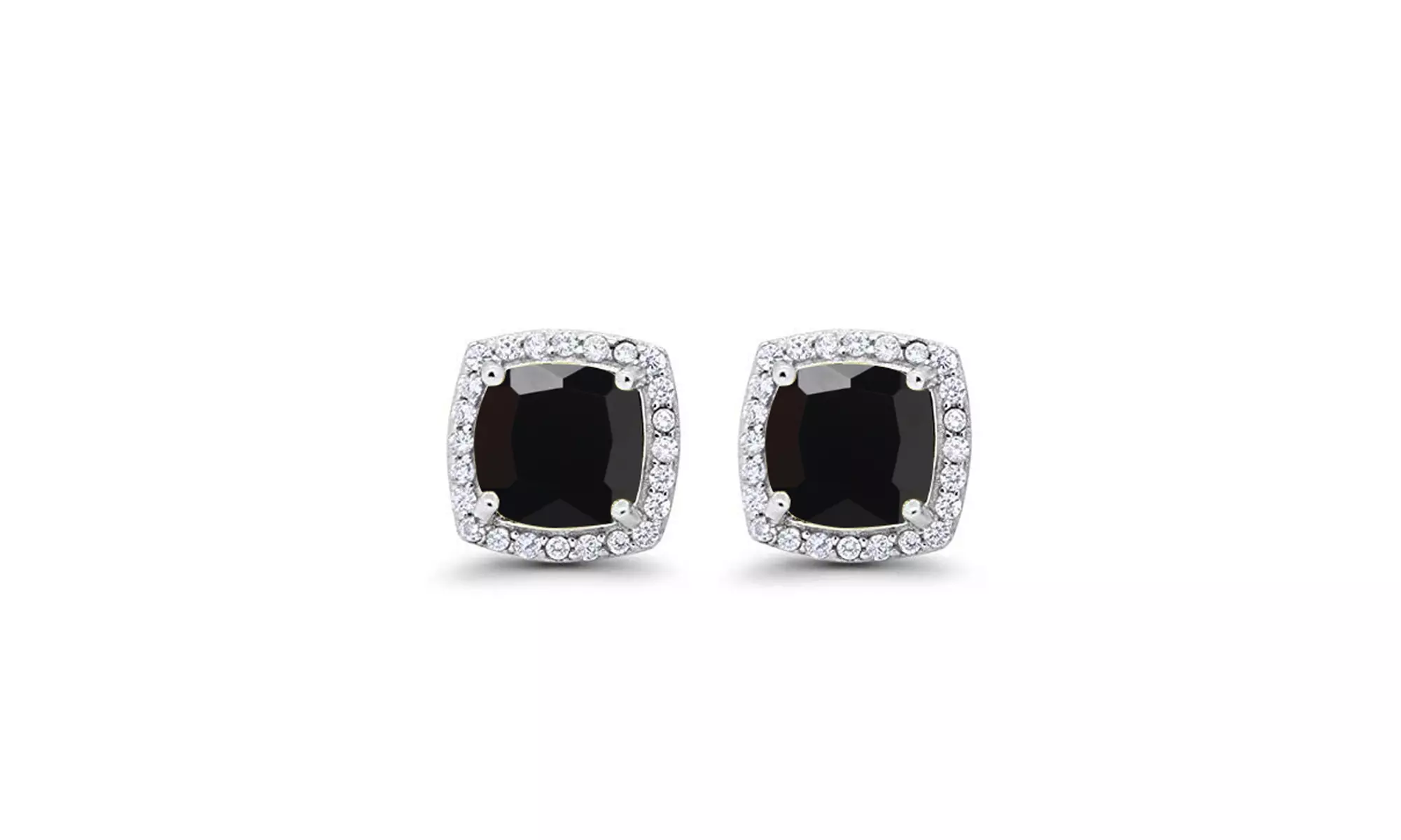 Paris Jewelry 14k White Gold Plated Created Halo Princess Black Stud Earrings - Primary Image