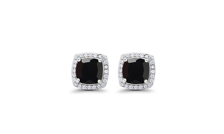 Paris Jewelry 14k White Gold Plated Created Halo Princess Black Stud Earrings 1 Ct Sapphire White Gold Black Saphhire