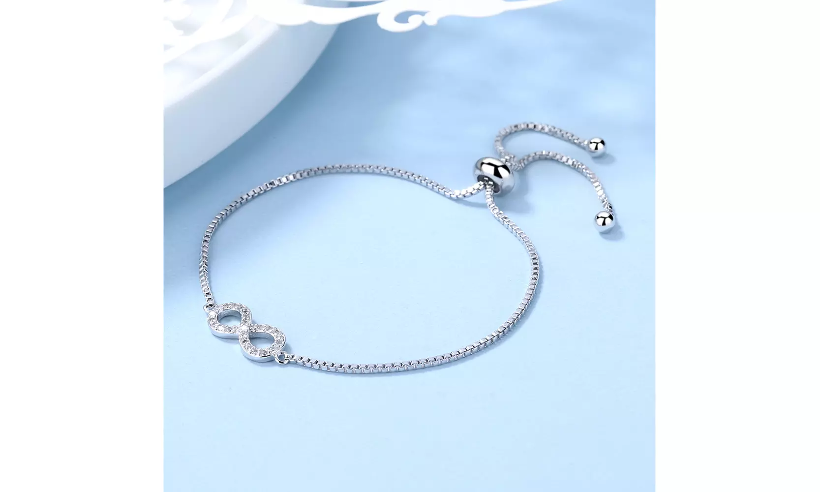 Infinity Pendant Box Chain Tennis Bracelet with crystals from Swarovski