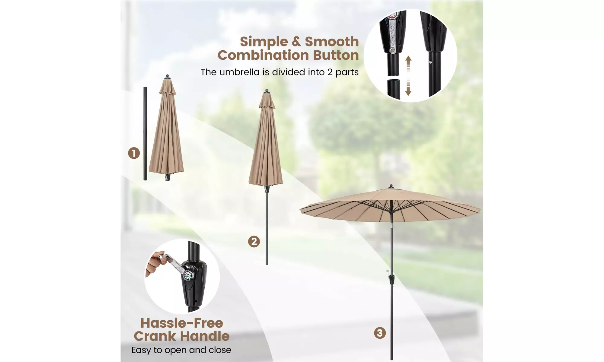 Costway 9 FT Round Patio Umbrella with Push Button Tilt & Crank Handle