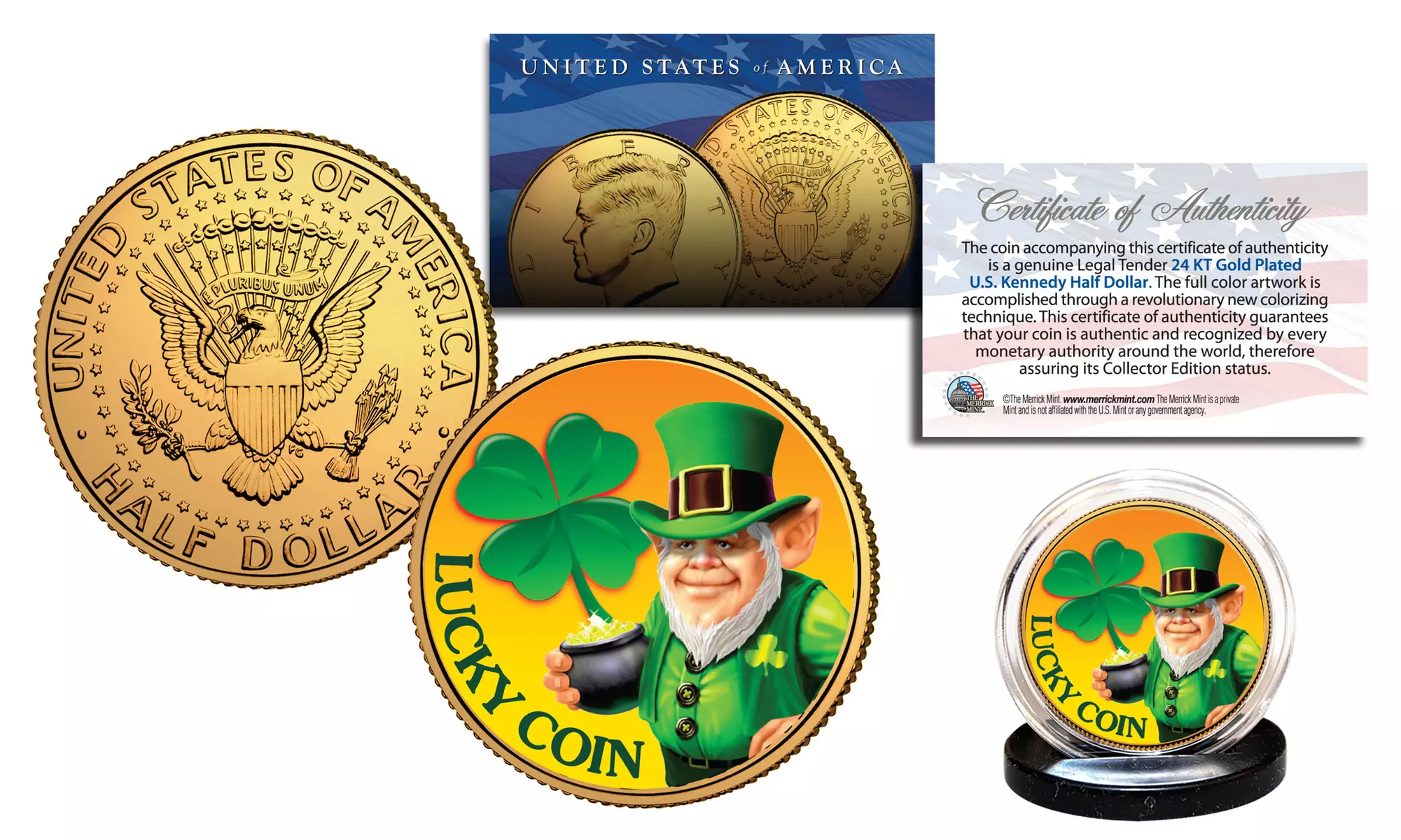 Leprechaun/Four Leaf Clover JFK Half Dollar Lucky U.S. Coin - St Patrick's Day - Primary Image