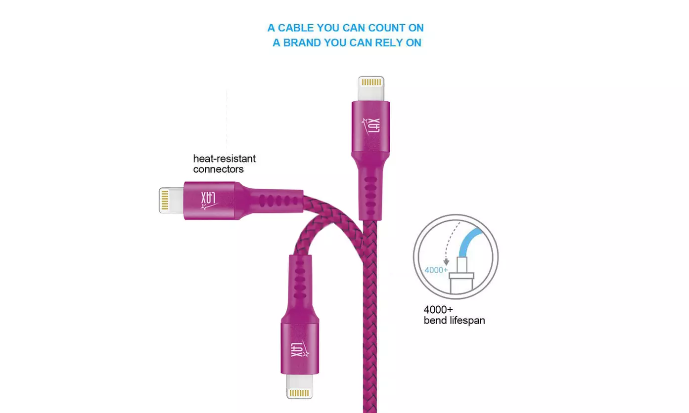 LAX Apple-Certified Braided Lightning Cable for iPhone & iPad (4ft or 6ft)