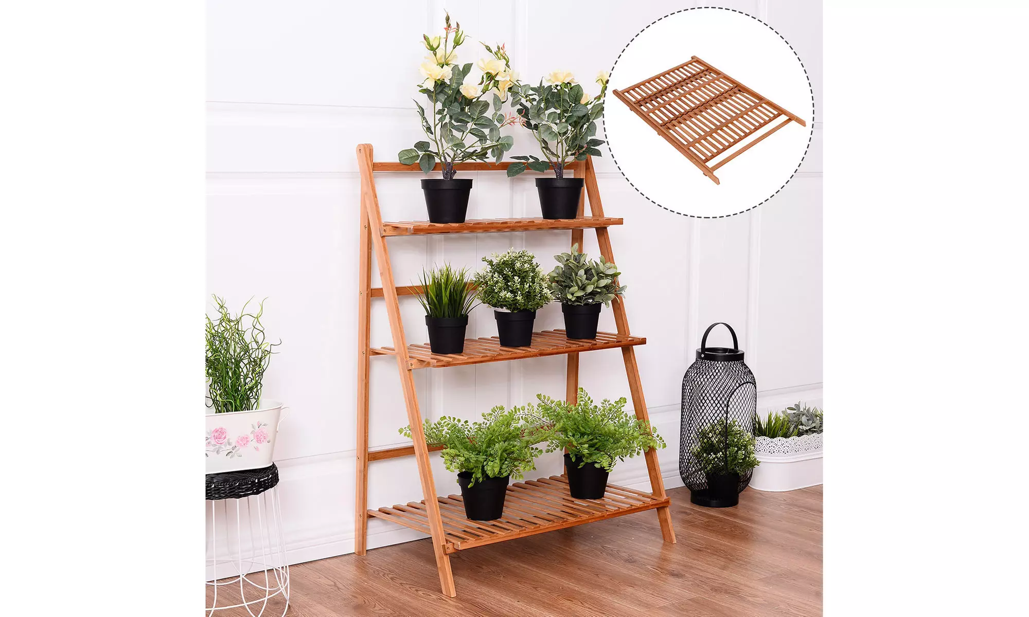 3 Tier Folding Shelf Stand Bamboo Flower Pot Display Rack Bookcase Organizer - Primary Image