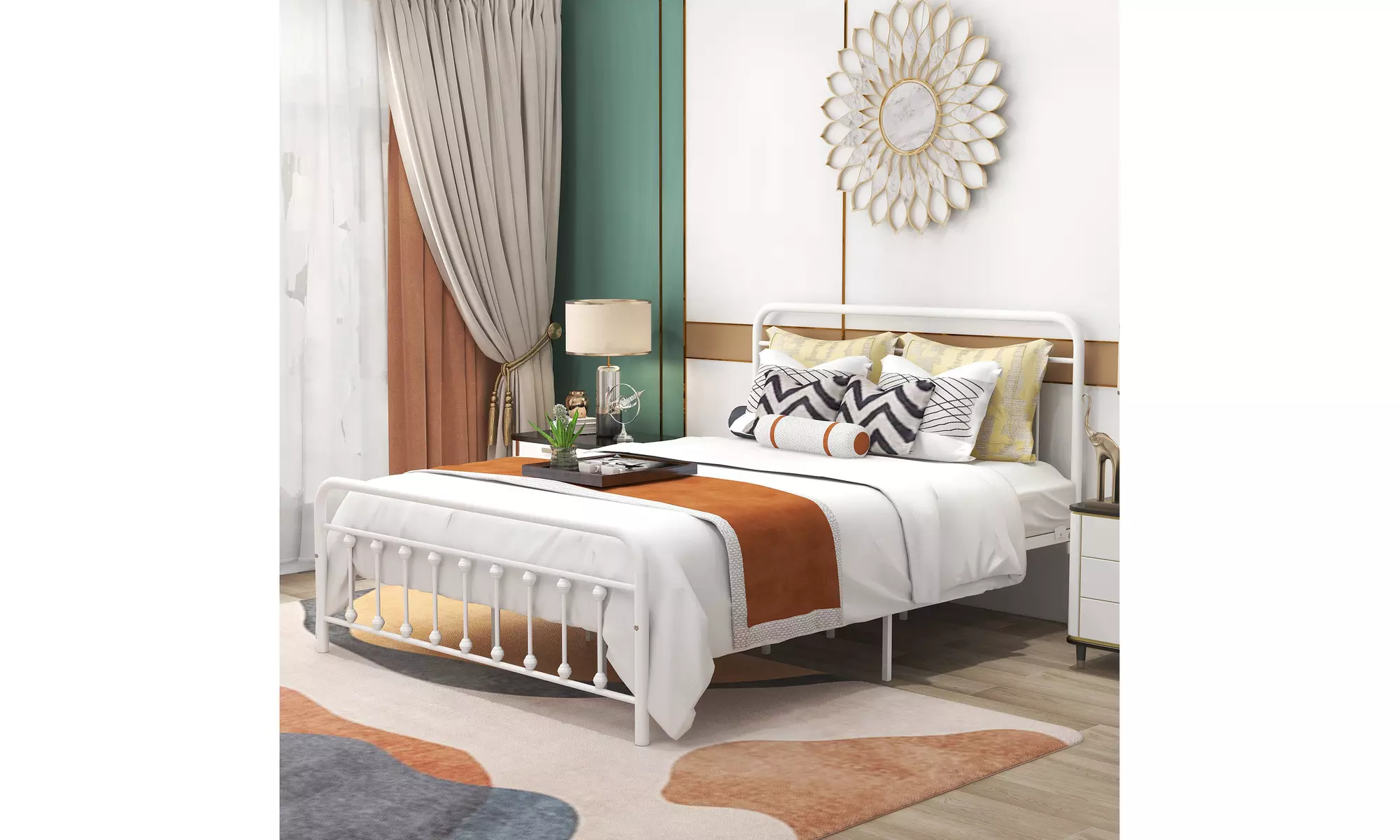 Vintage Queen Metal Bed Frame with Headboard Iron White - Second Medium