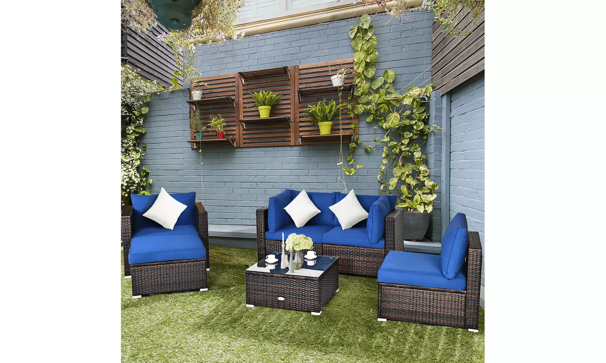Costway 6PCS Patio Rattan Furniture Set Sofa Coffee Table Ottoman Navy - Primary Image