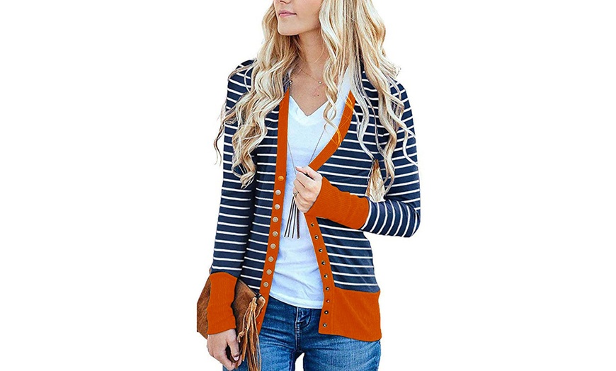 Image 3: Striped Jacket Coats Long Sleeve Single Breasted Button Patchwork Stripe Coats 