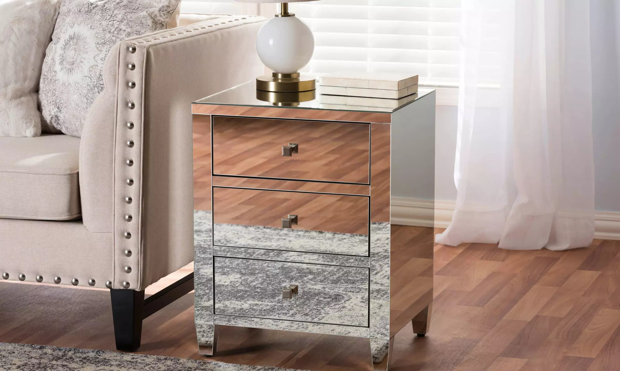 Rosalind Glamour Style Mirrored 3-Drawer Nightstand - Primary Image