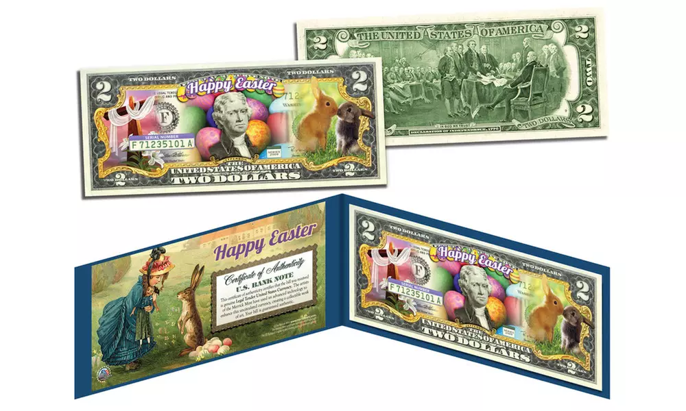 HAPPY EASTER Eggs/Bunnies or Kids/Cartoon Legal Tender U.S. Two-Dollar Bill