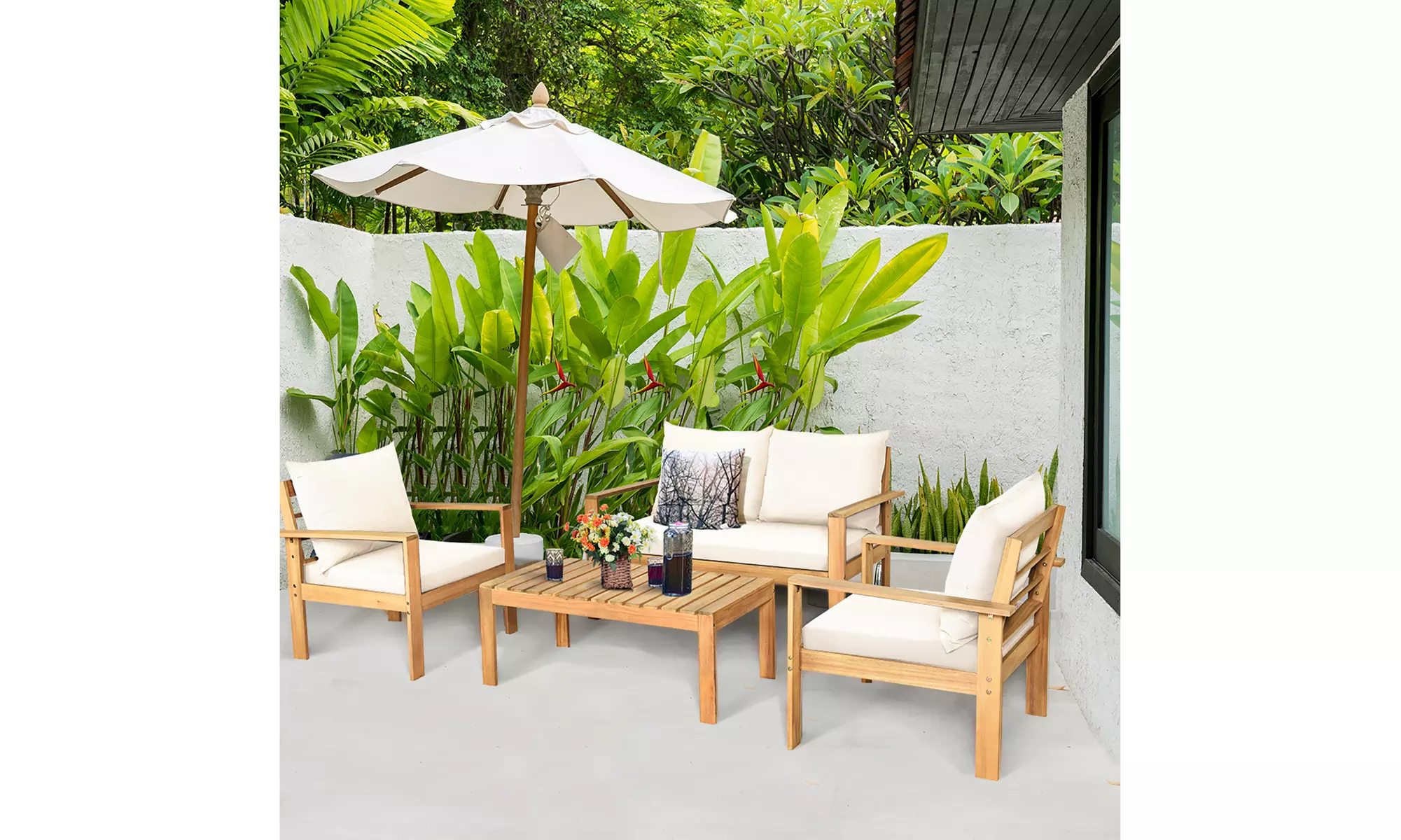 Costway 4PCS Patio Furniture Set Acacia Wood Thick Cushion Loveseat Sofa Off - Primary Image