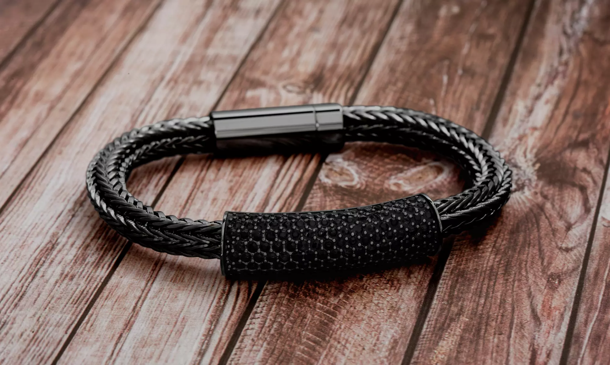 Simply Steel Mens Foxtail Bracelet with Black Crystal Bar in Stainless Steel - Second Medium