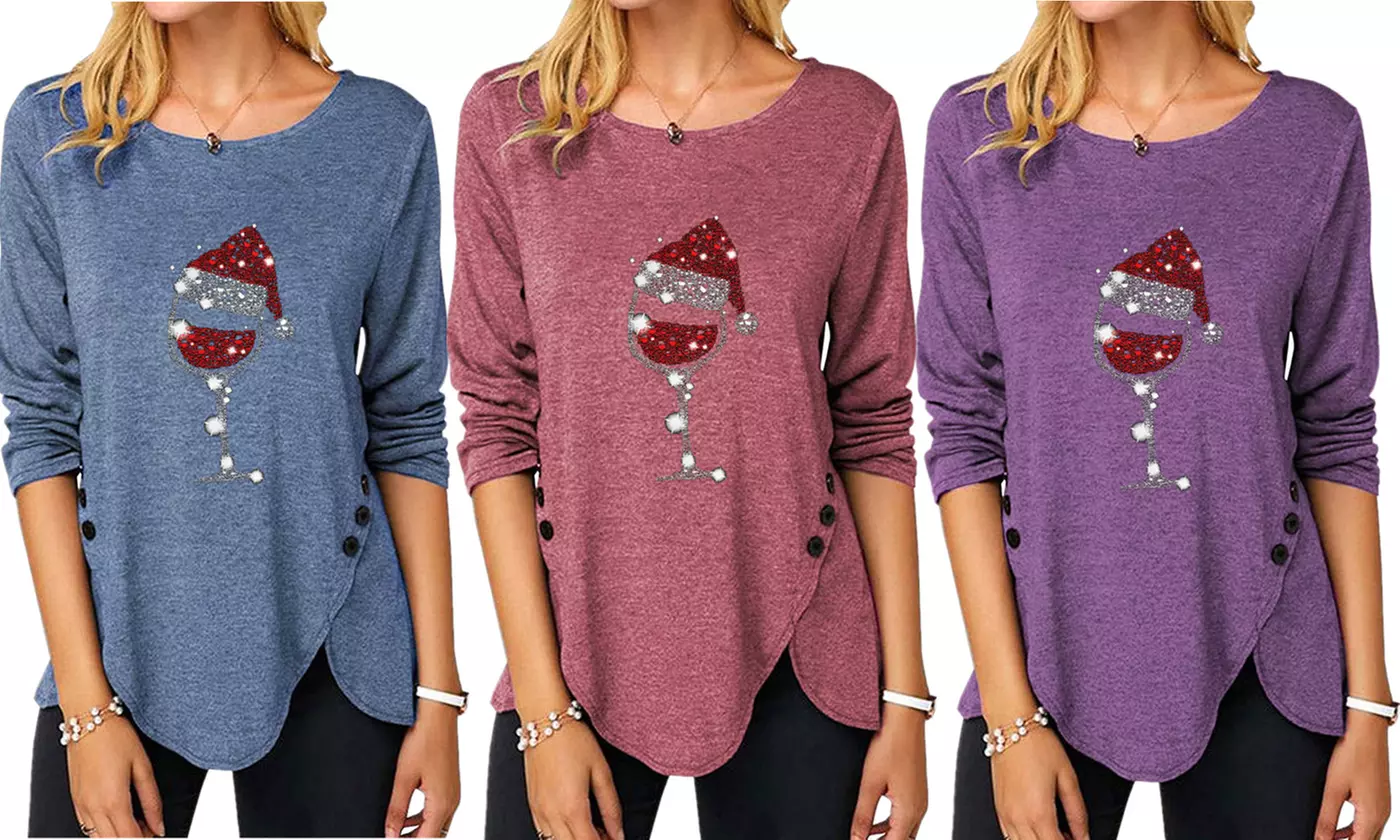LESIES Womens Christmas Shirts Wine Glasses Irregular Hem Buttons Side Tunic Top - Primary Image
