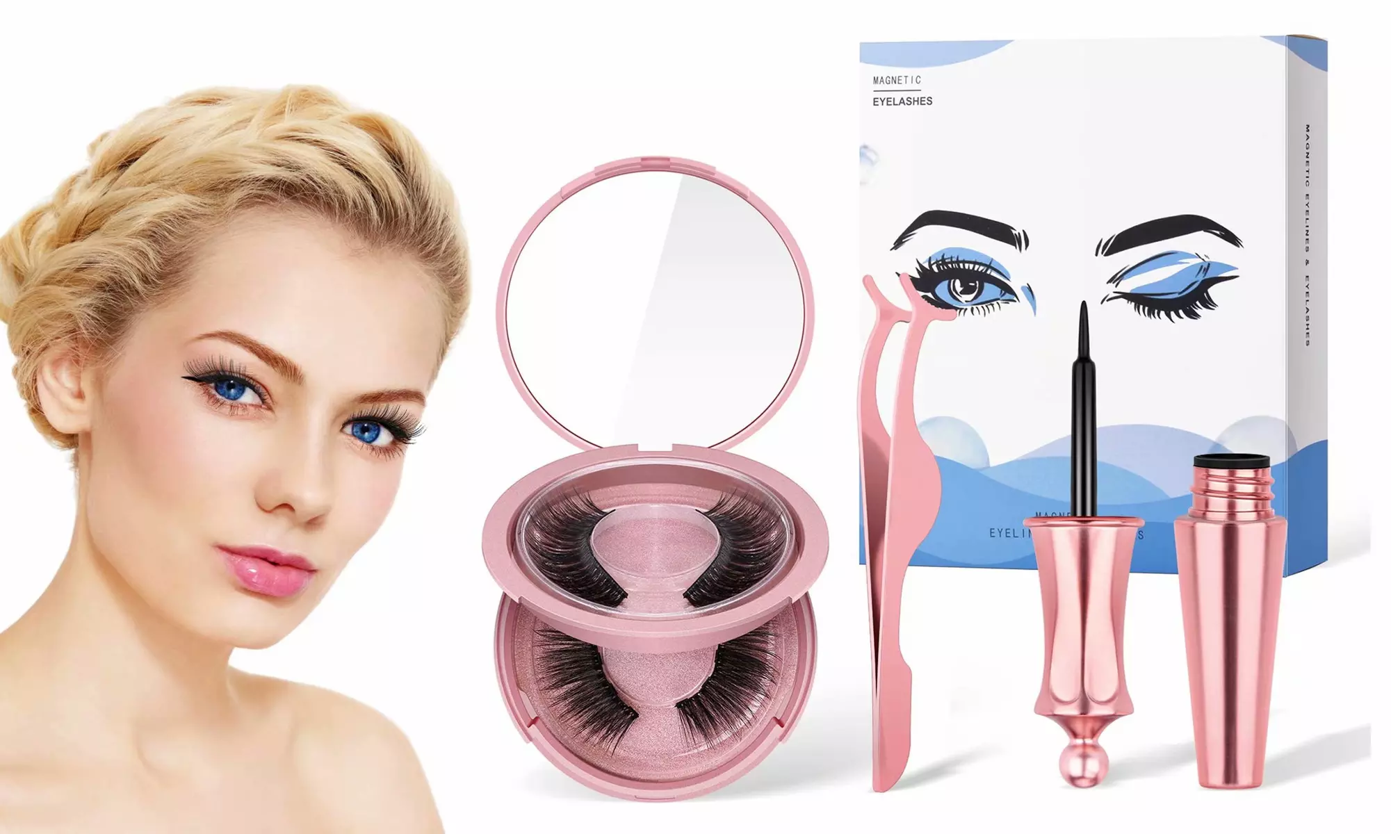 2 Pairs Magnetic Eyelashes and Eyeliner Kit 3D Reusable False Eyelashes - Primary Image