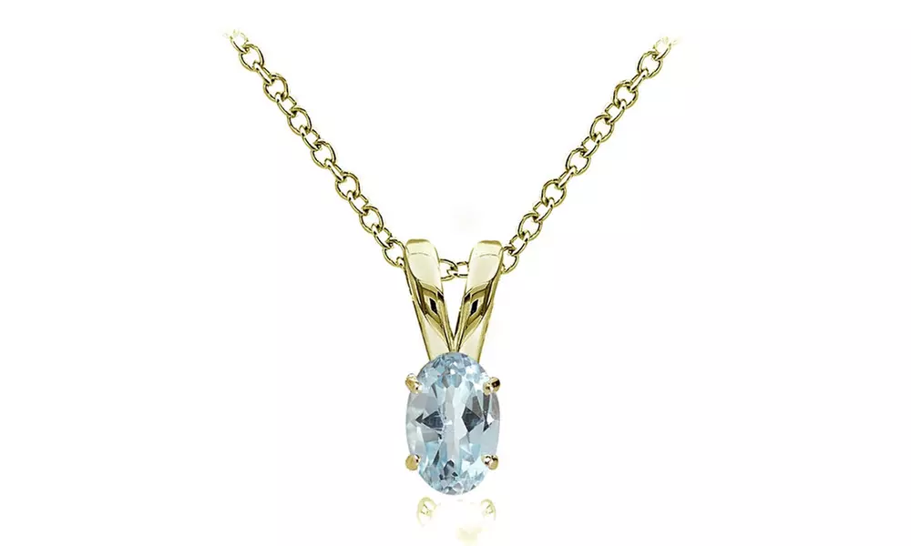 Yellow Gold Flashed Sterling Silver Blue Topaz 6x4mm Oval Solitaire Necklace