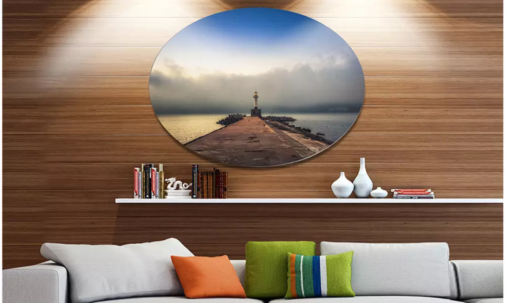 Lighthouse on Coast and Cloudy Sky' Metal Circle Wall Art - Primary Image