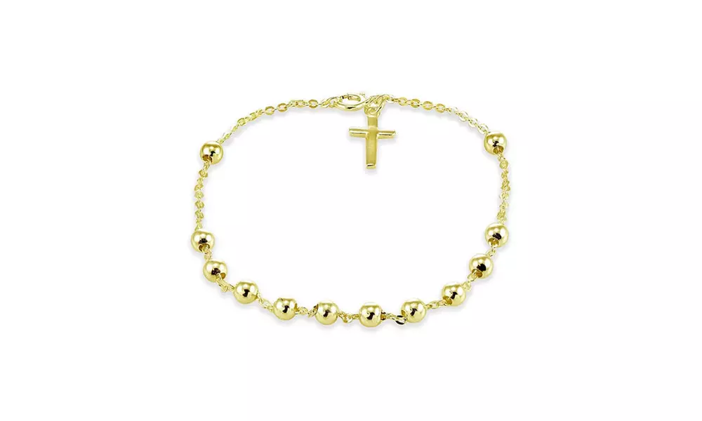 Yellow Gold Flashed Sterling Silver Bead Station Cross Chain Bracelet - Primary Image