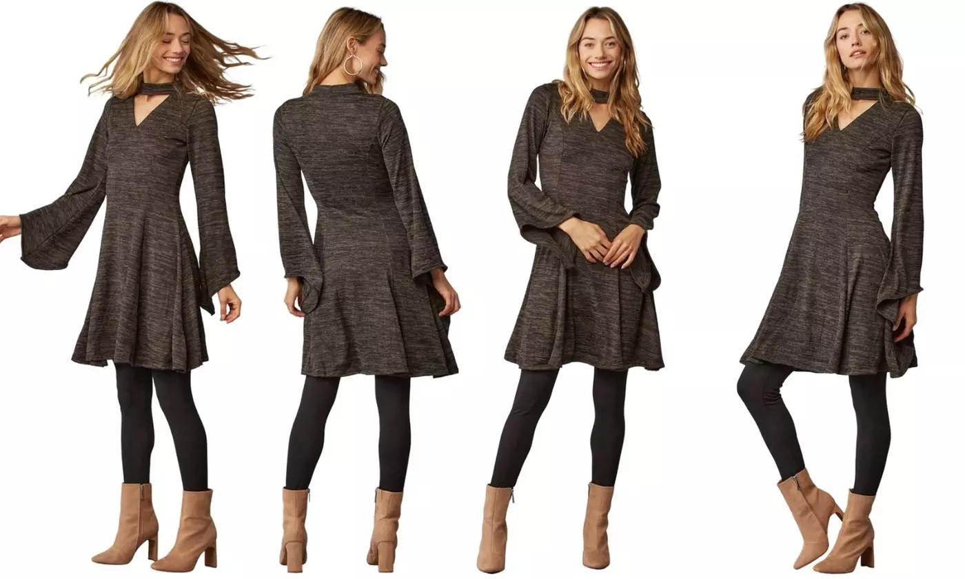 Knit short dress with vneck keyhole neck, flare sleeves 1193 - Primary Image