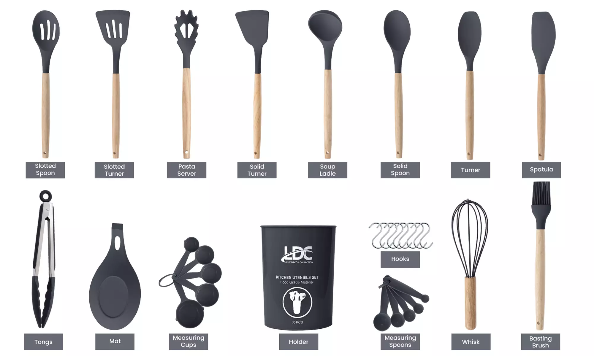 Lux Decor Silicone Kitchen Utensils Set Heat Resistant 35-Pcs Cooking Tools