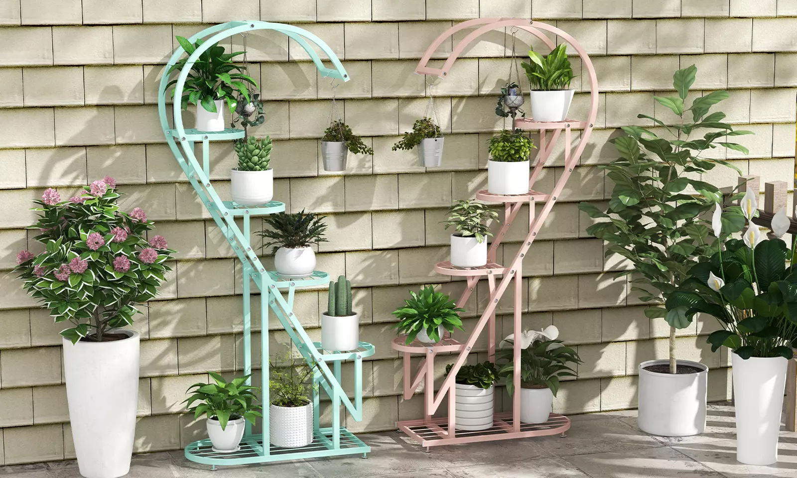 5 Tier Metal Plant Stand Heart-shaped Shelf w/ Hanging Hook for Multiple Plants