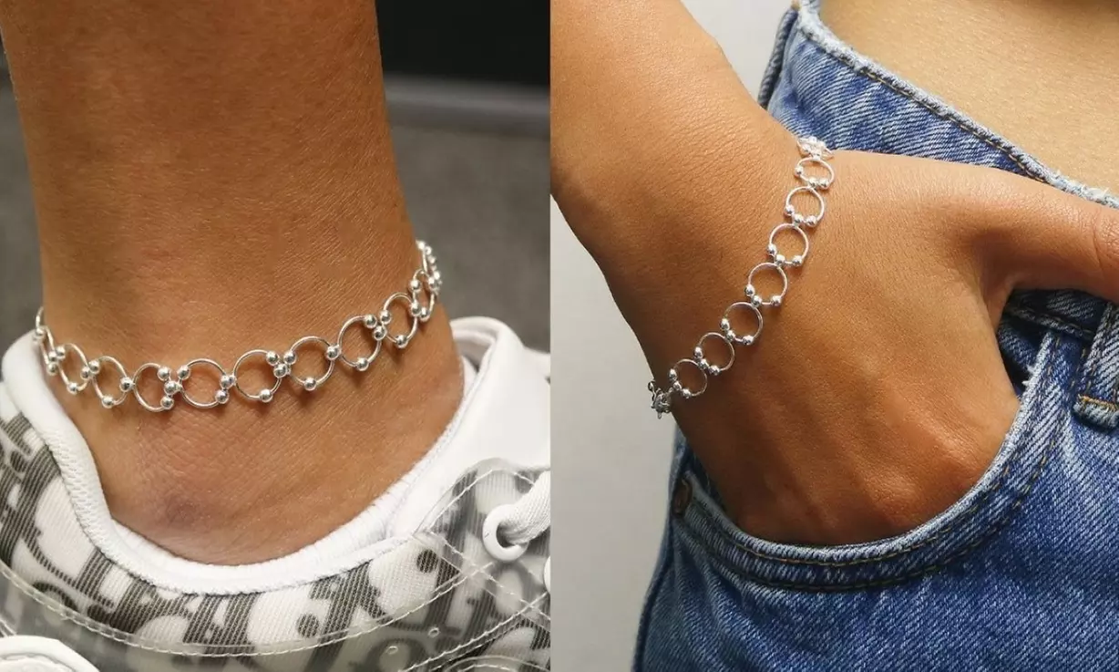 Italian Made 925 Sterling Silver Beaded Circle Anklet or Bracelet Chain