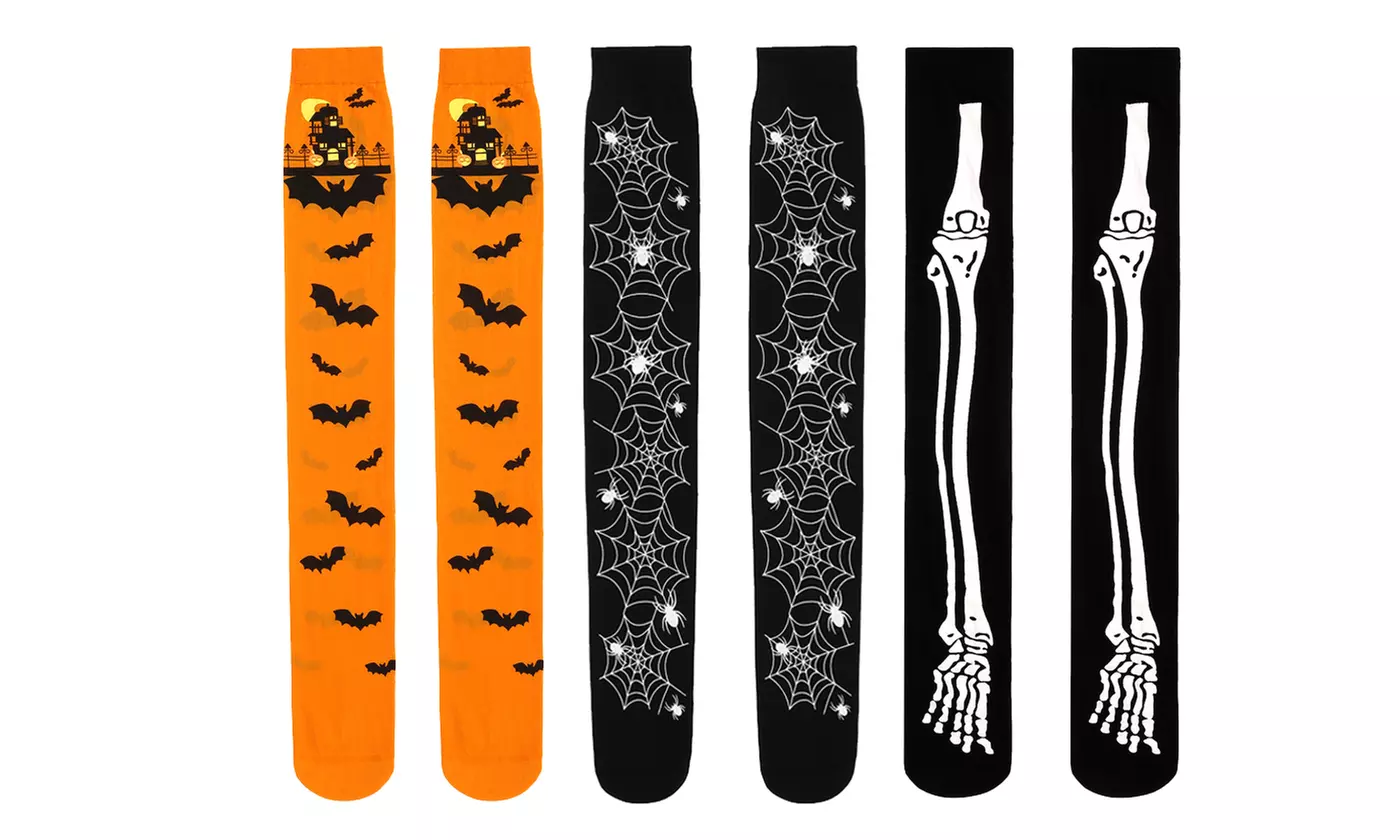 3 Pairs Halloween Thigh High Stockings Over Knee Bat Skeleton Spider Socks - Second Medium