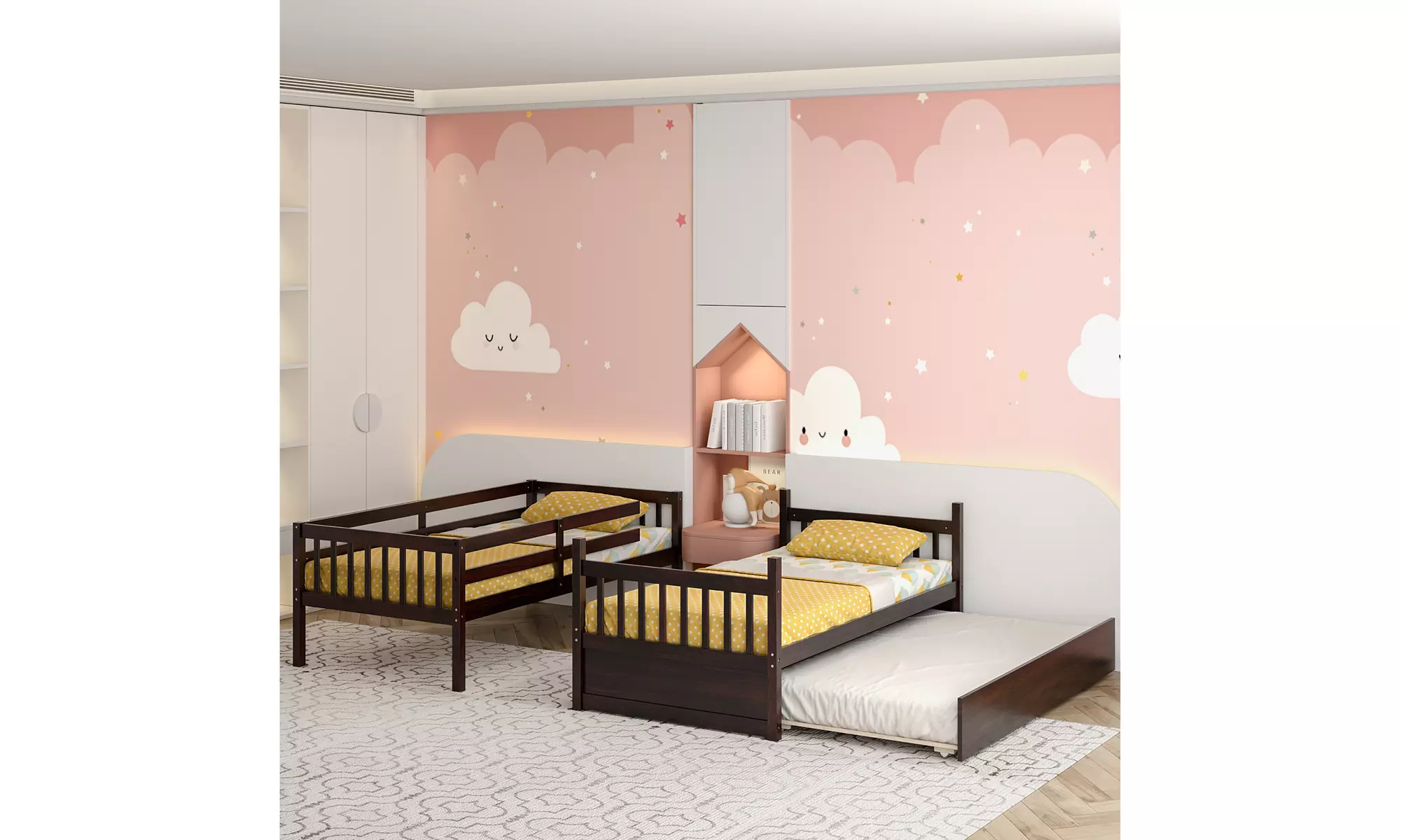 Costway Twin Over Twin Bunk Bed with Twin Trundle Solid Wood Frame Espresso