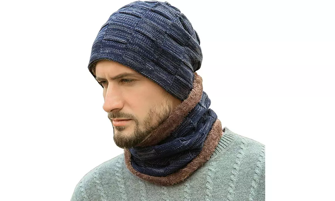 Men Winter Beanie Hats Scarf Set Knit Hat Skull Cap Neck Warmer Hat Scarf  - Second Medium