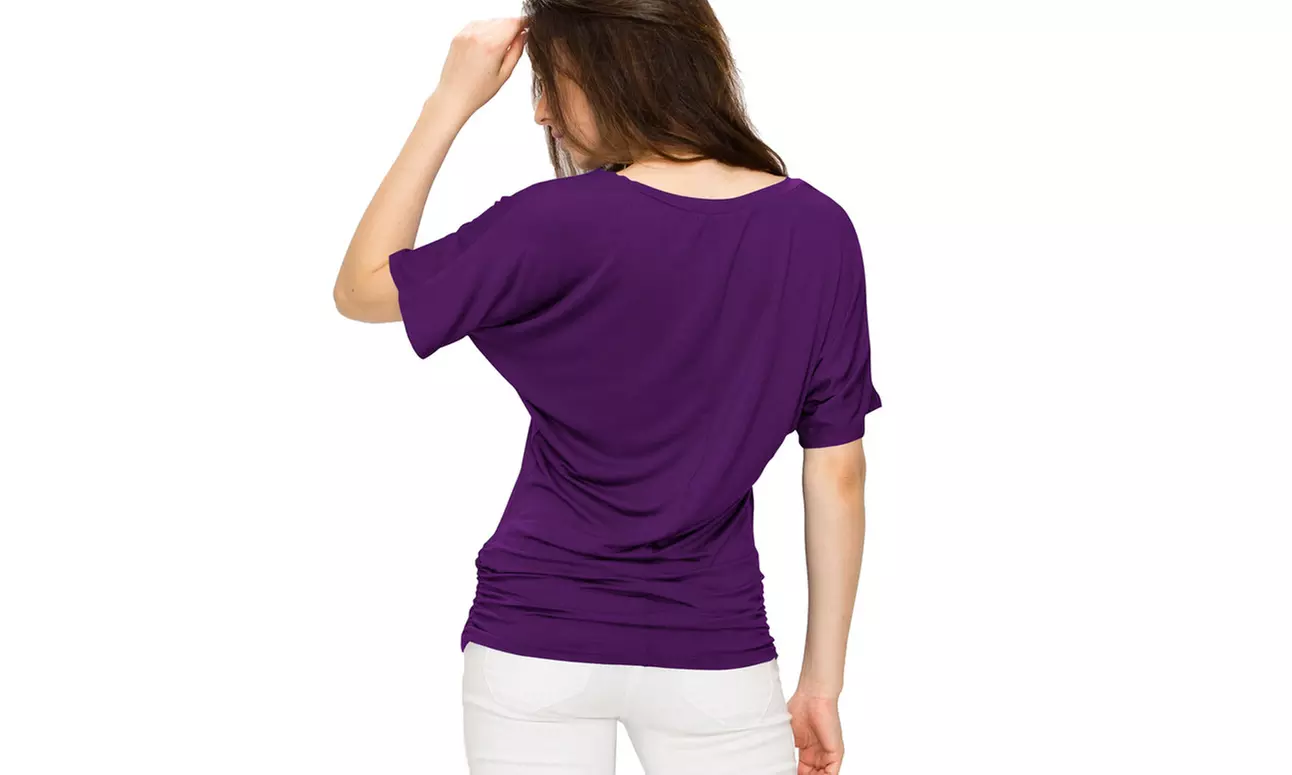 Made by Johnny Womens Solid Short Sleeve V-Neck Dolman Top with Side Shirring