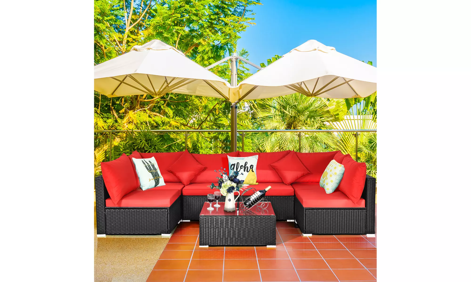 Costway 7PCS Patio Rattan Sofa Set Sectional Conversation Furniture Set Garden