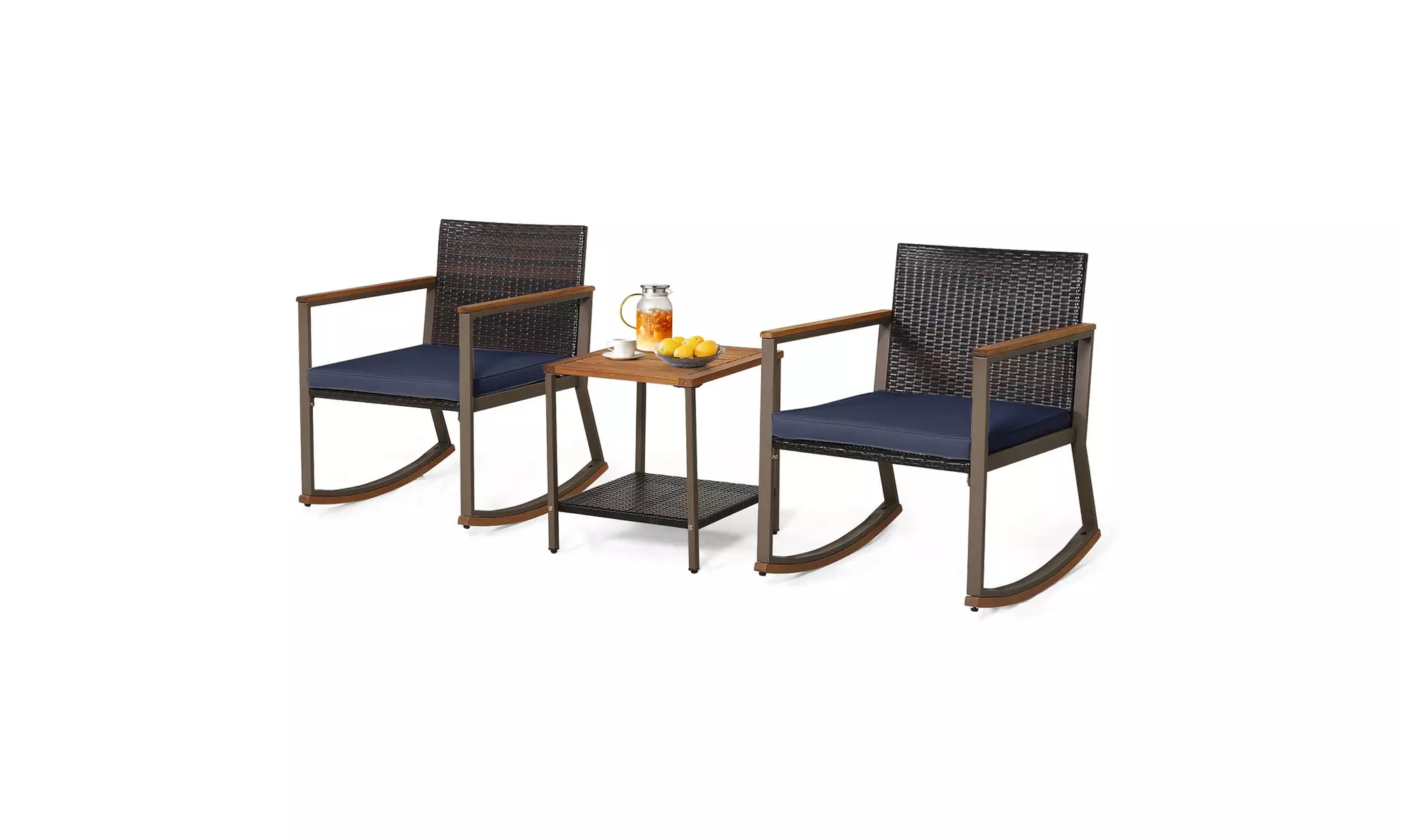 Costway 3 PCS Patio Rattan Rocking Chair Bistro Set Armrest Cushion Table