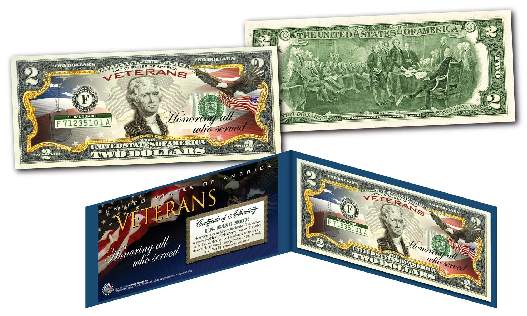 Honor Those Who Served in Armed Forces VETERANS DAY Genuine U.S. 2 Dollar Bill 