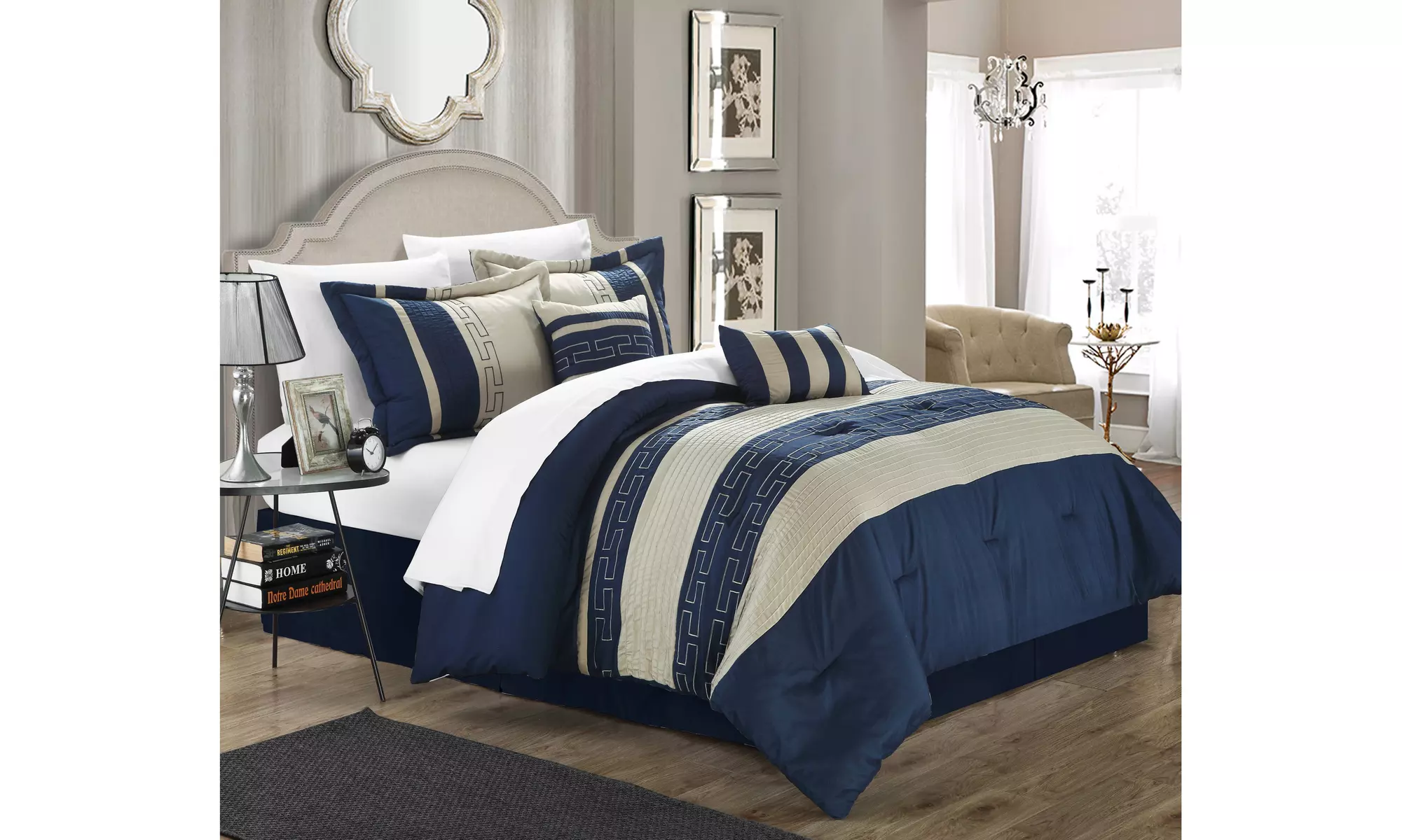 Carly 10 Pc Comforter Embroidered Color Block Bed in a Bag - Sheets Included - Second Medium