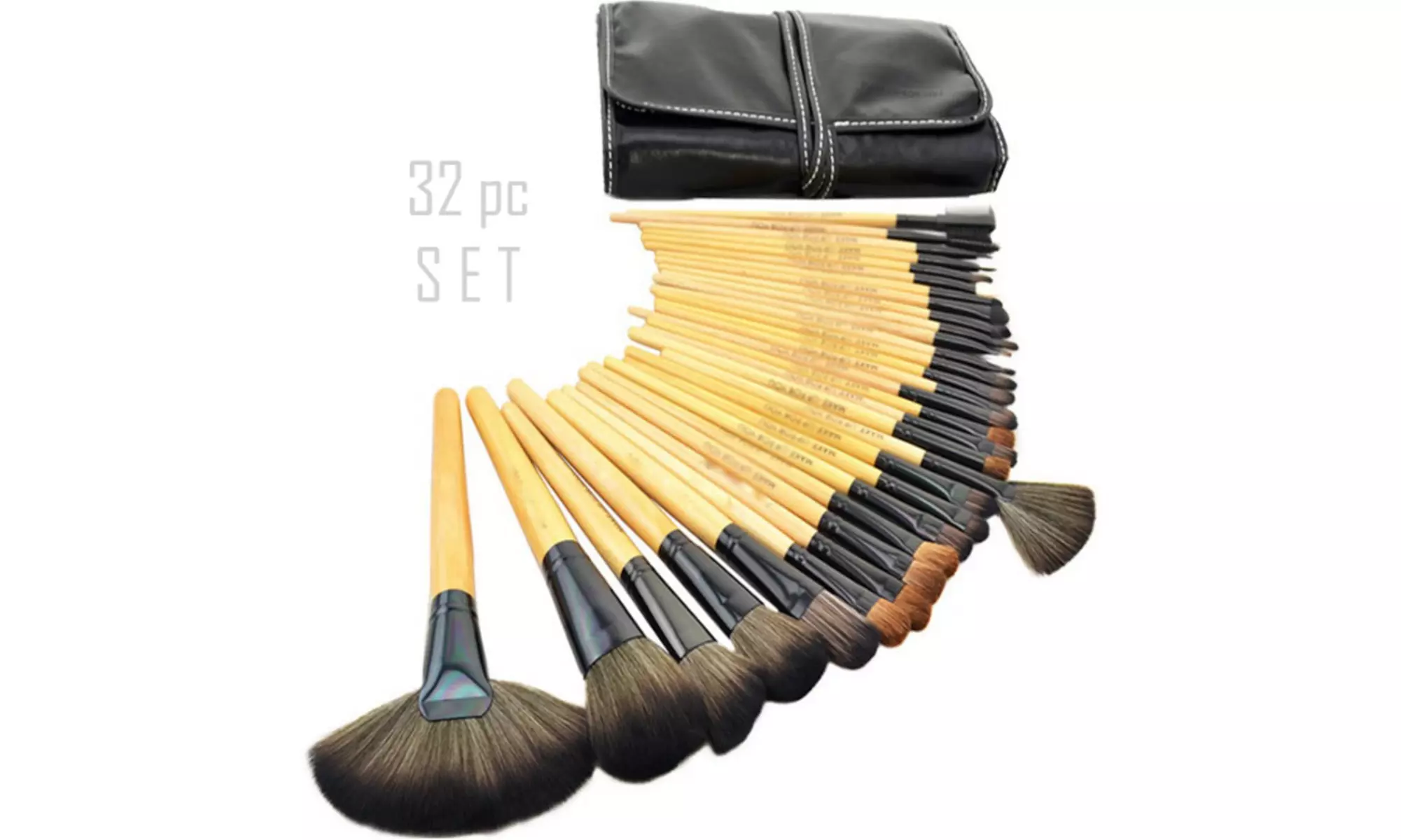 Deluxe 32-Piece Wooden Makeup Brush Set with Travel Roll - Second Medium