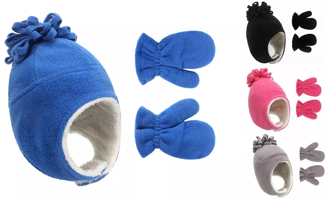 Baby Kids Winter Warm Sherpa Lined Warm Fleece Pilot Hat and Mittens Sets - Primary Image
