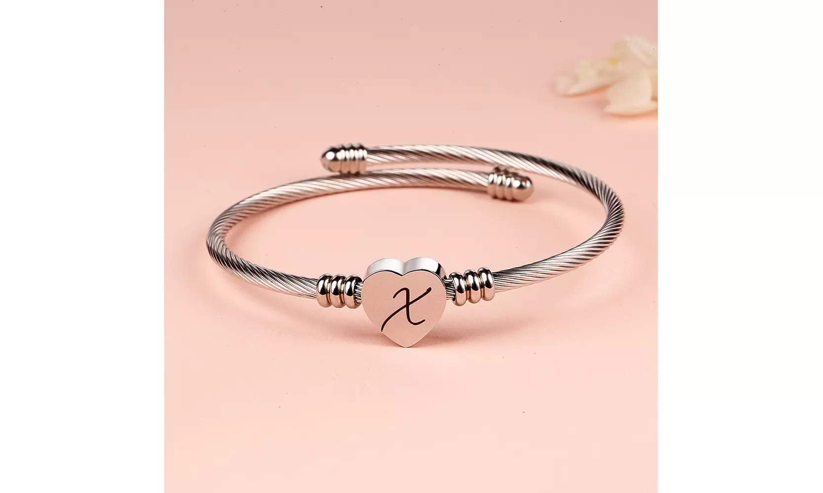 Twisted Steel Heart Cable Initial Bracelet