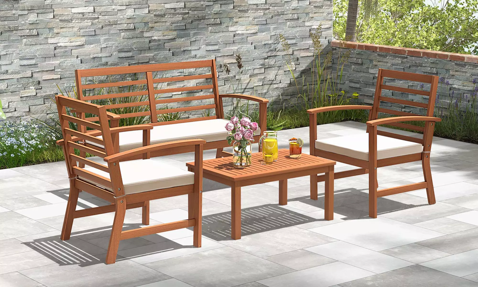 Costway 4 PCS Outdoor Furniture Set Soft Seat Cushions Stable Acacia Wood Frame - Primary Image