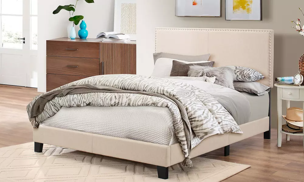 Ramon Queen Size Fabric Platform Bed with Nailhead Trim - Second Medium